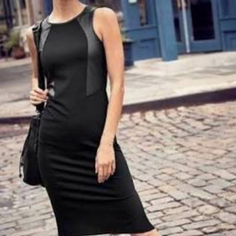 Athleta Night On The Town Black Sheath Dress Size XS Ponte Knit Faux Leather NEW